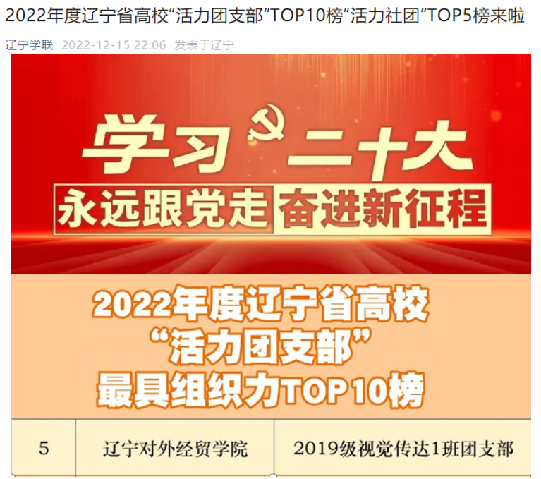 我校荣获2022年度辽宁省高校“活力团支部”最具组织力奖