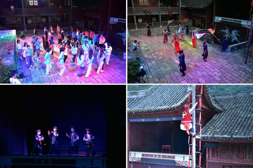 【“酉”你“酉”我实践团】寻访绿水青山间的人文瑰宝：前往西秦会馆观看土家面具阳戏、土家摆手舞、木叶吹奏、“上刀山，下火海”、打绕棺等酉阳特色非遗文化表演。